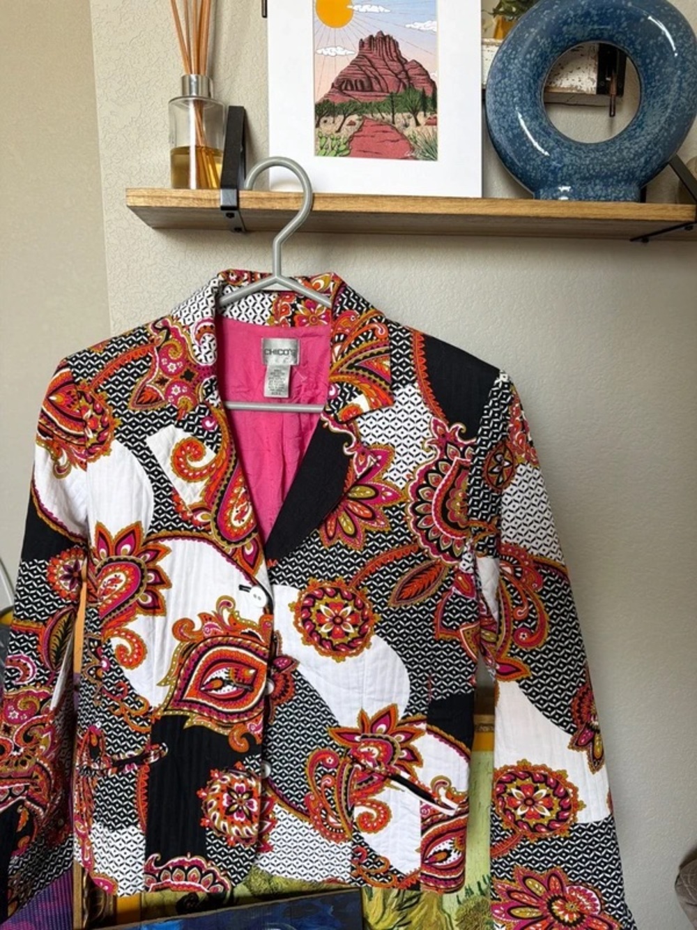 Chico's Multicolor Paisley Blazer with Pink Lining